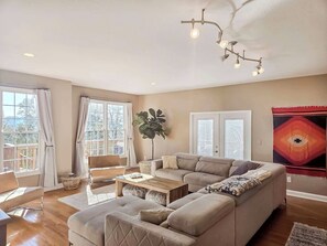 Smart TV, fireplace, books