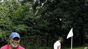 Un campo de golf con un putting green y un marcador de bandera.