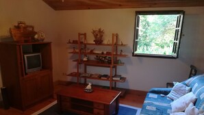 Una sala de estar acogedora con un mueble bajo para el televisor, una mesita de centro y una estantería.