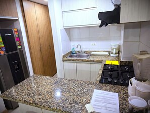 Fridge, microwave, oven, stovetop