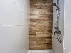 Shower, hair dryer, towels, toilet paper