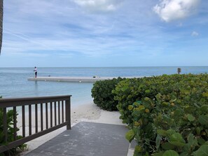 Una terraza de madera que da a una playa con un muelle de hormigón que se adentra en el agua.