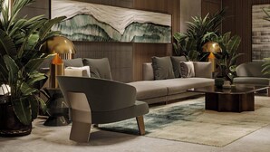 A modern living room with a sofa, armchairs, a coffee table, and decorative lamps. - Cozy studio at Westwood By IMTIAZ (Dubai)