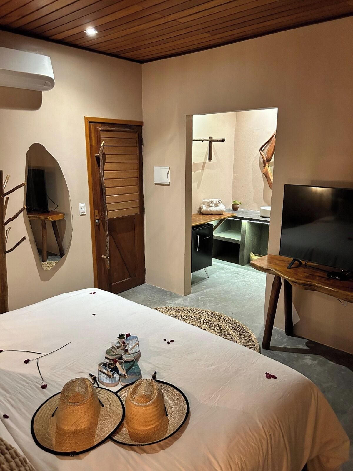 Un dormitorio con cama, televisor sobre un mueble, puerta de madera y una pequeña mesa con planta.