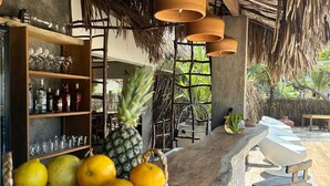 Una zona de bar con mostrador de madera, una cesta de frutas y un techo de paja.