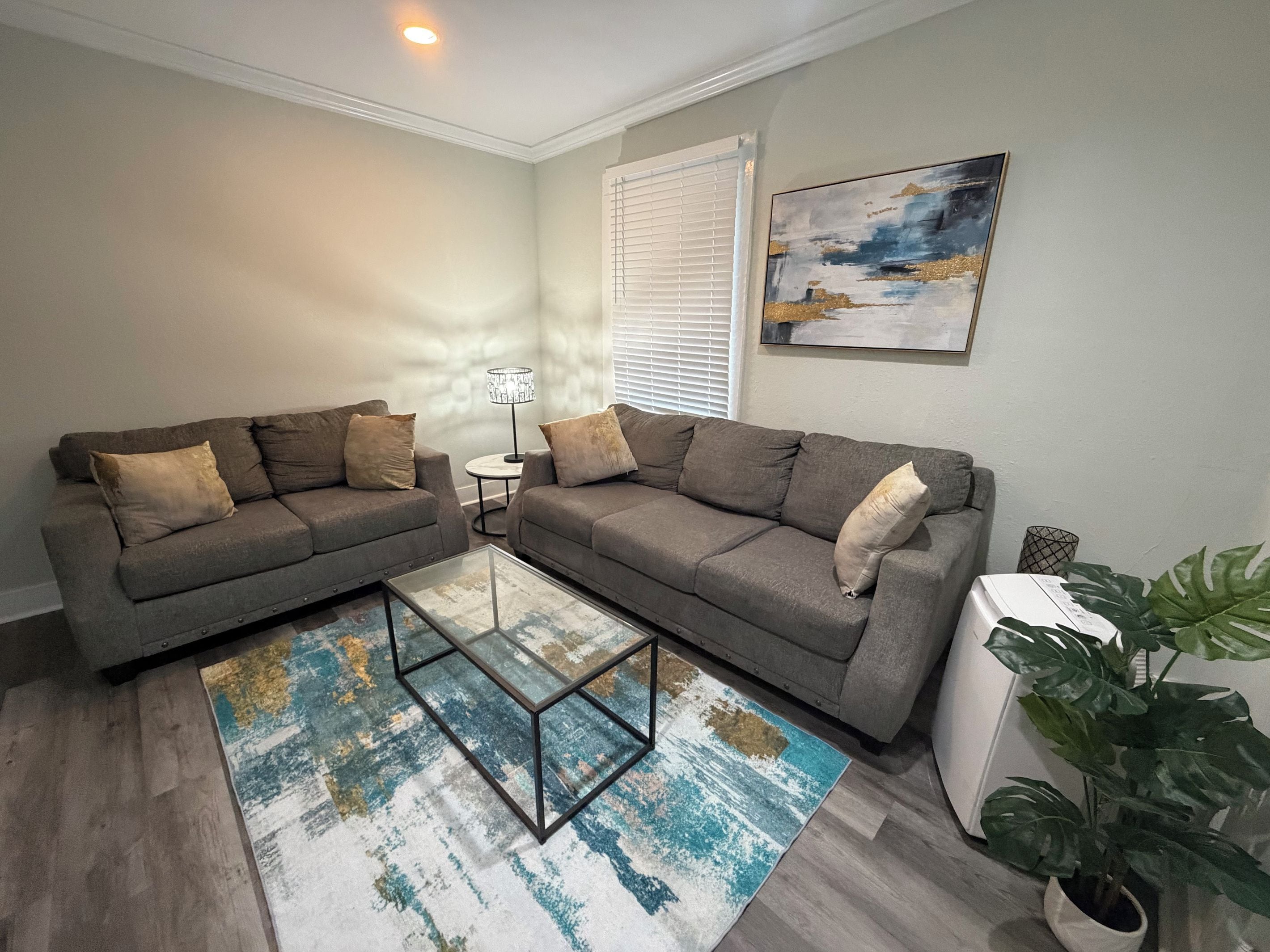 A living room with two grey sofas, a glass coffee table, a patterned rug, a painting on the wall, and a potted plant.