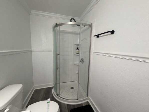 A bathroom with a glass-enclosed shower, a toilet, and a white sink.