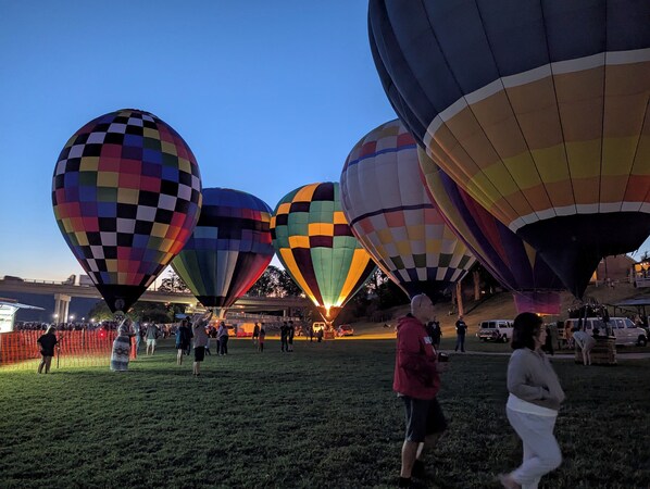 A field with multiple hot air balloons.