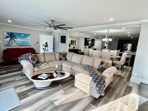 Smart TV, fireplace, books