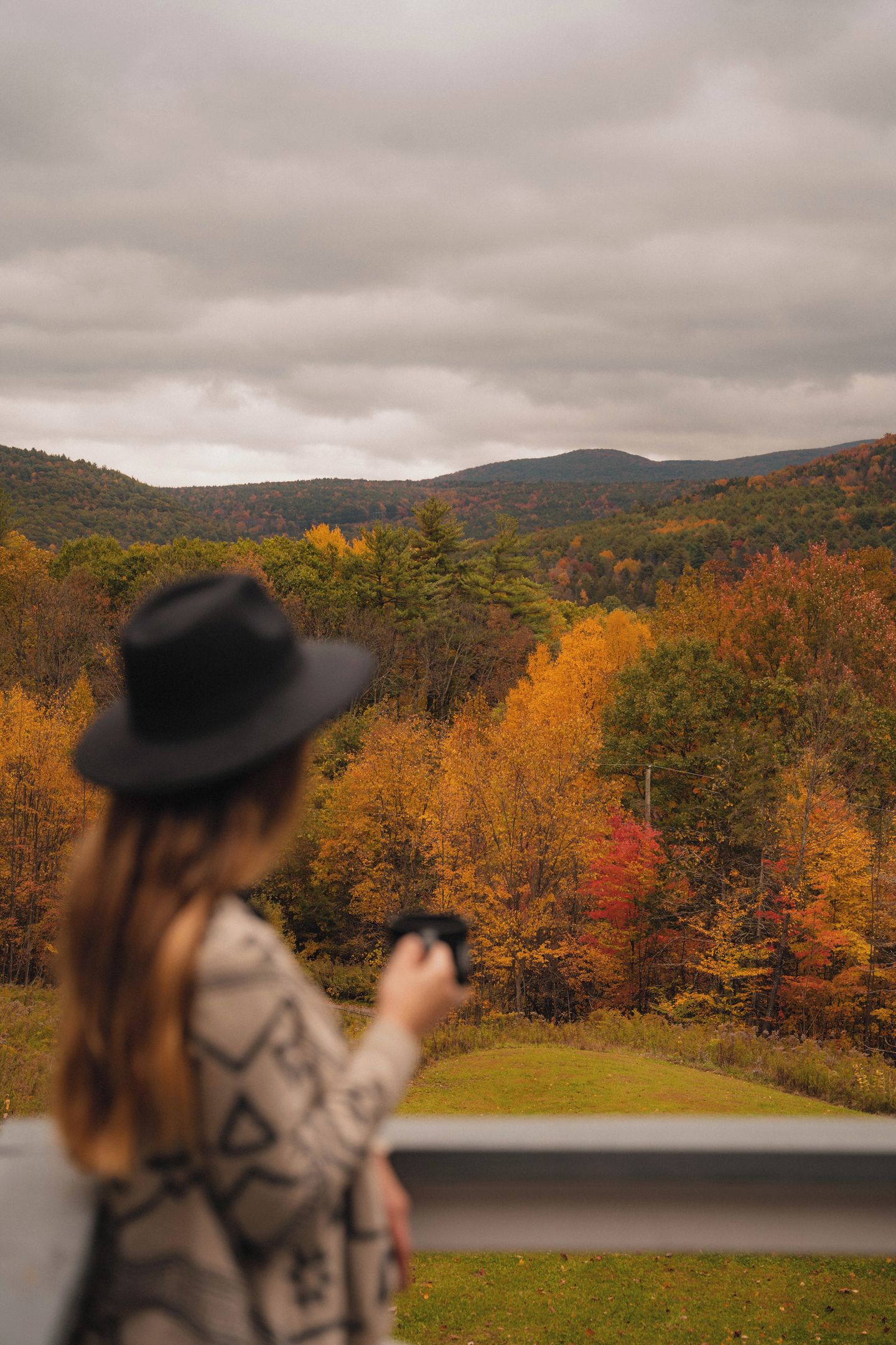 A person holding a camera, overlooking a forested area with autumn foliage.