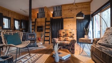 Smart TV, fireplace, books, stereo