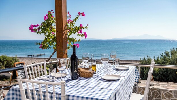 A table set for two with a checkered tablecloth, a bottle of wine, glasses, and a basket. A pink flowering plant is on the table. The setting is outdoors with a view of the sea and mountains in the background. - Seafront apartment in the bay of Kefalos, Kos (Kefalos)