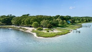 Vista con lago, un muelle que se adentra en el agua, rodeado de abundante vegetación y árboles.