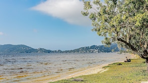 Une vue sur le lac, avec une zone herbeuse, un arbre et des collines au loin.