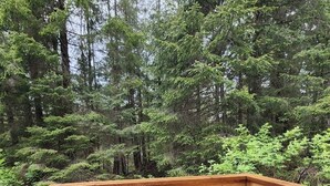 A wooden deck with a round table and two chairs, surrounded by dense forest. - Secluded group of cottages close to town (Seward)