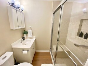 Hair dryer, towels, soap, shampoo
