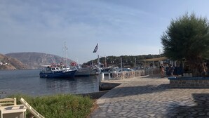En småbåtshamn med förtöjda båtar, en gång av sten och en flagga.