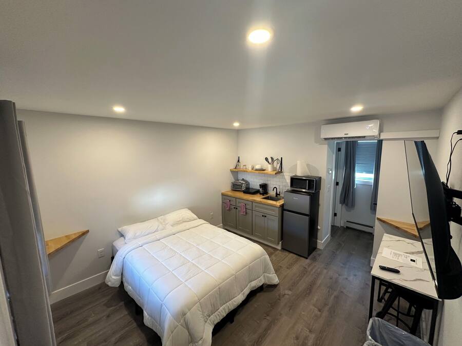 A compact bedroom with a bed, a kitchenette, and a small desk area.