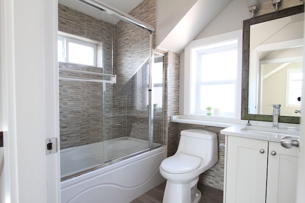 Hair dryer, towels, soap, shampoo