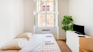 A bedroom with a bed, a dresser, a television, and a window with an open shutter. - Studio Apartment 'Charmant Studio Centre Bayonne' (Bayonne)