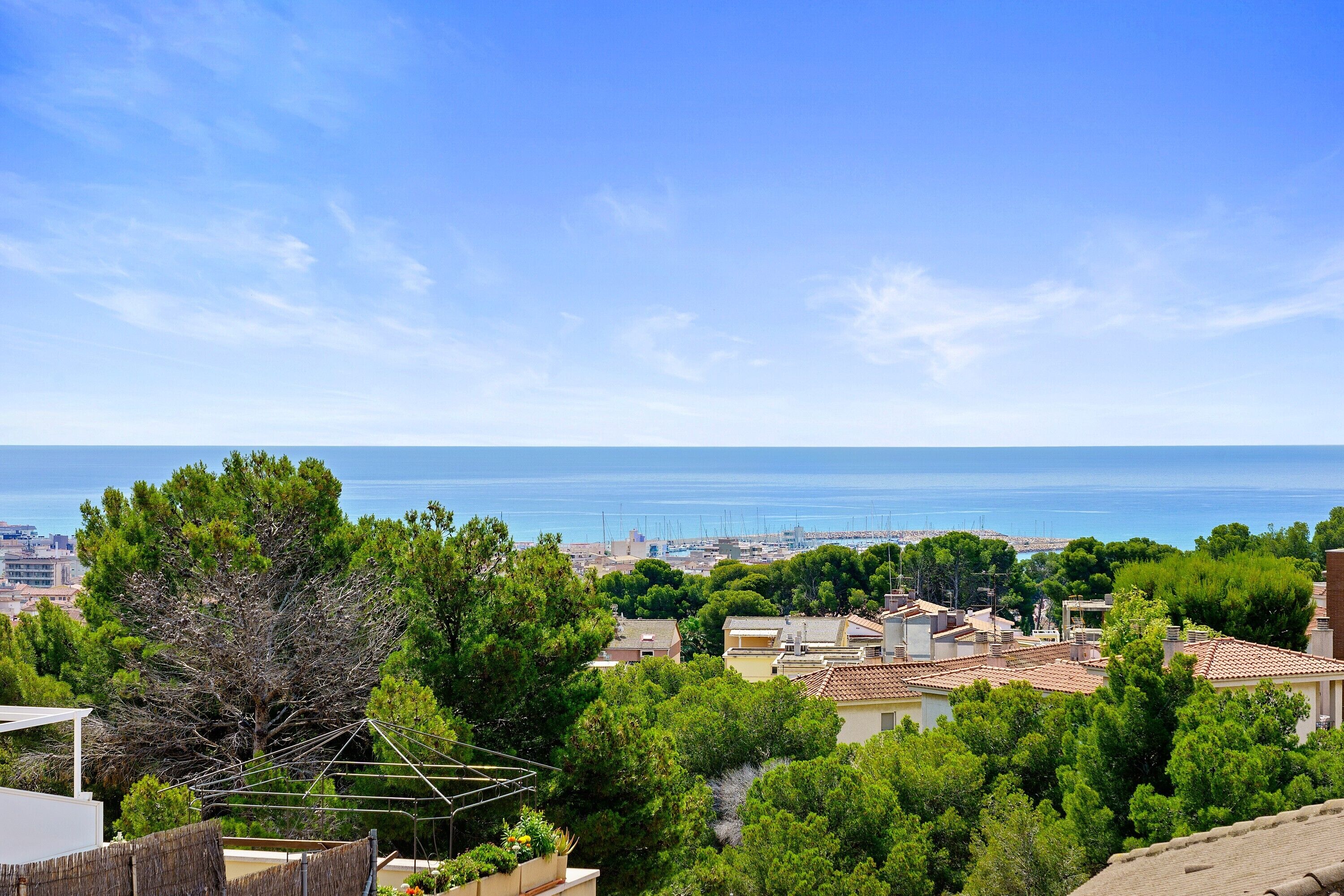 A residential area with houses, trees, and a view of the sea.