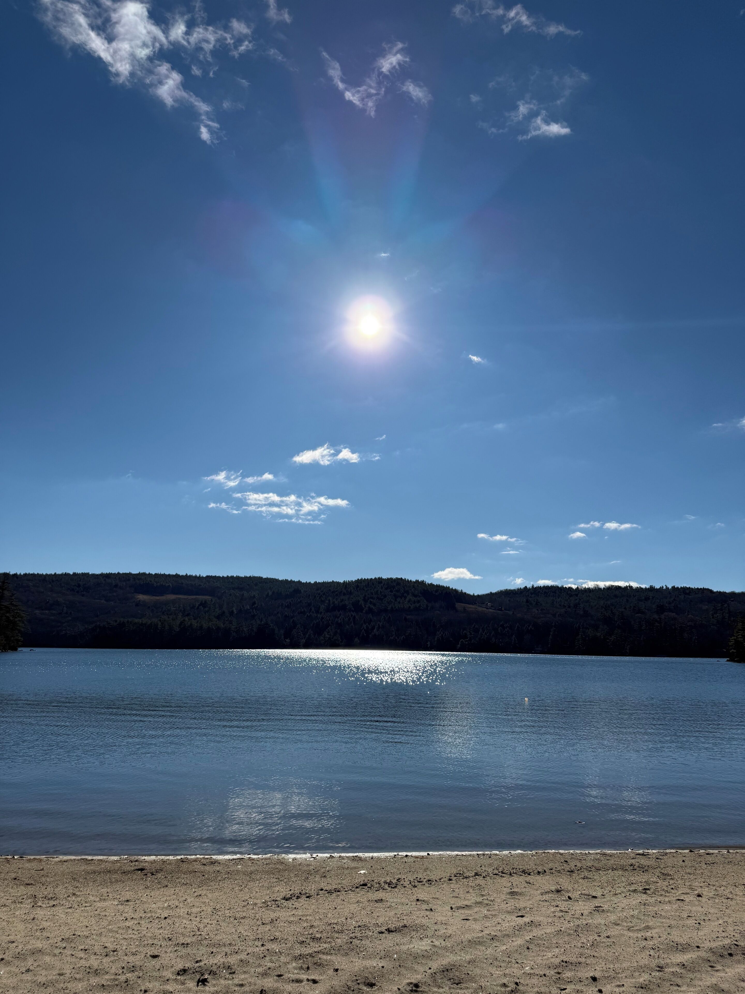 A clear view of a lake with a sandy beach in the foreground and a forested hill in the background.