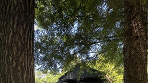 A small wooden cabin with a porch, a picnic table, and a playground in the background. - Lakeside Cabin 7 with Kitchen (Holderness)