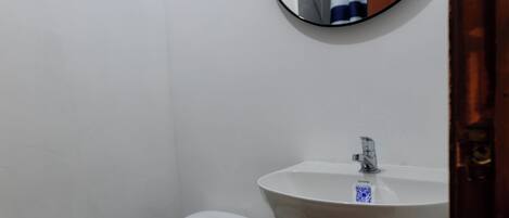 Un baño pequeño con inodoro, lavamanos y espejo.