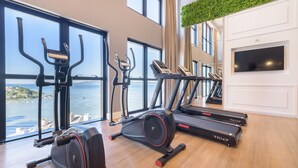 Un gimnasio en casa con cintas de correr, una bicicleta estática y una máquina de remo, con vista a un cuerpo de agua.