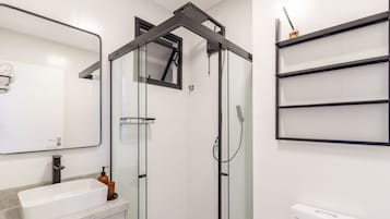 A modern bathroom with a glass-enclosed shower, a white sink, and a mirror.