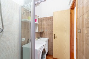 Shower, hair dryer, bidet, towels