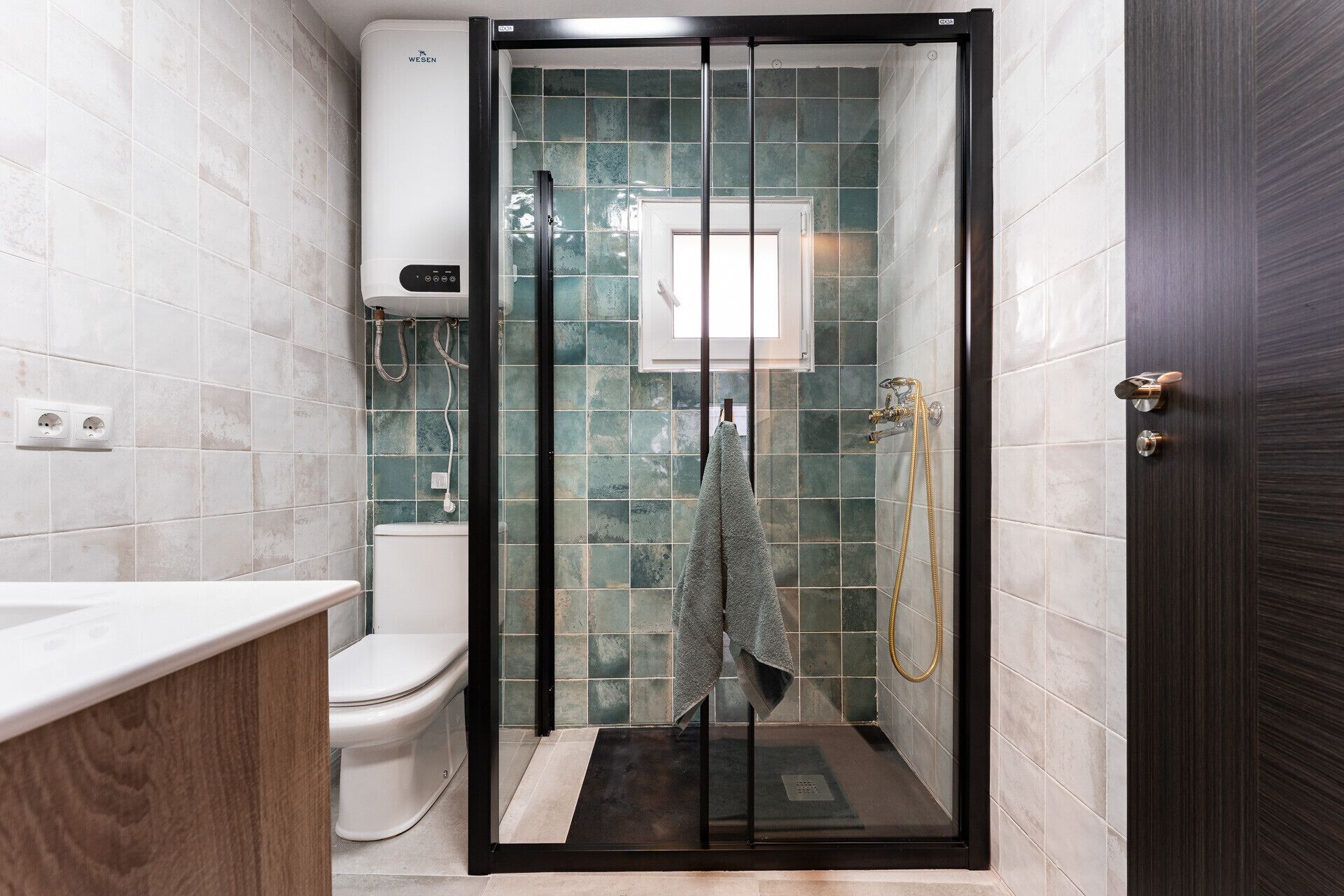 Shower, hair dryer, towels