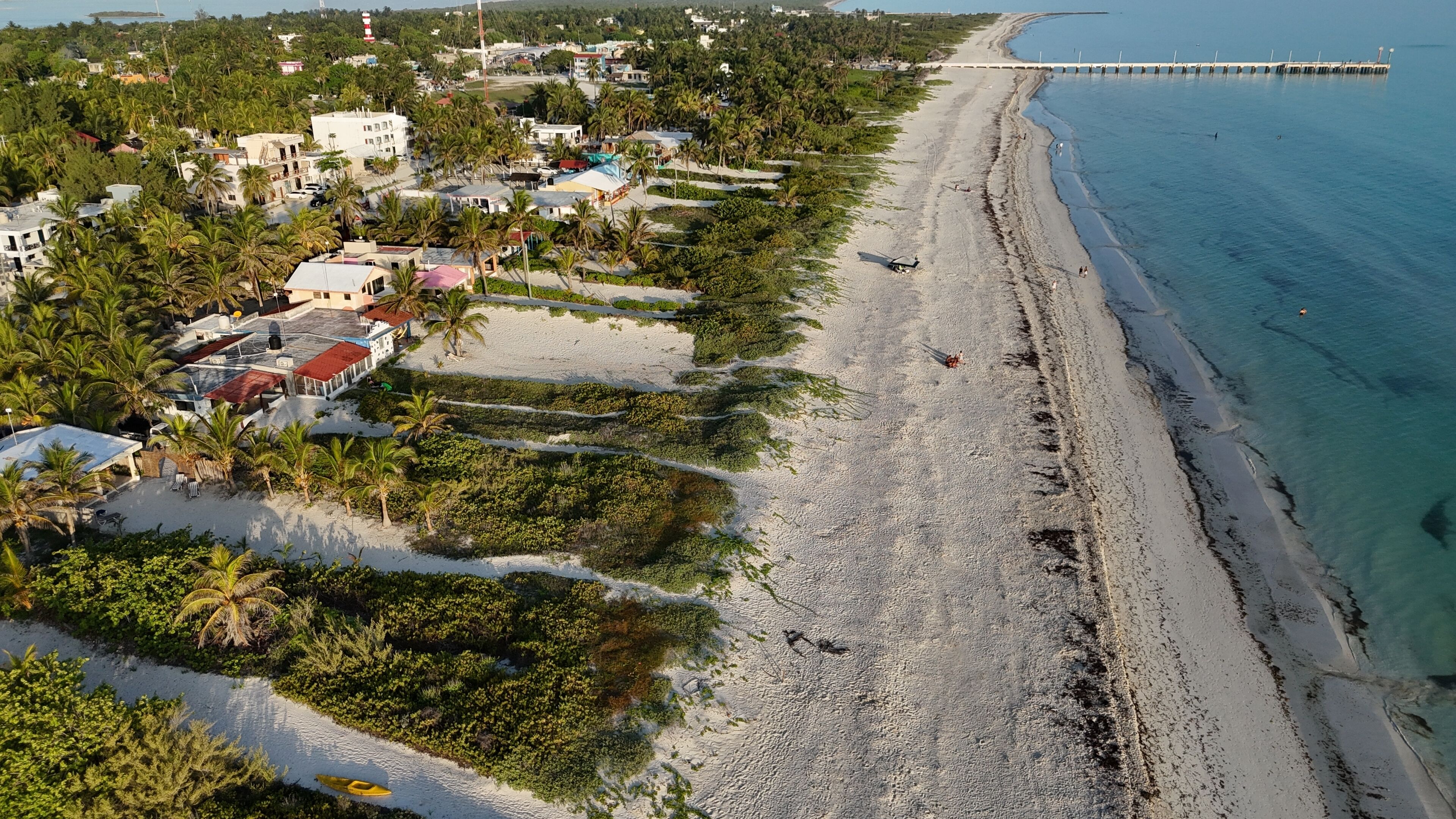 Vista aérea de una playa con un muelle que se adentra en el agua, rodeada de edificios residenciales y vegetación densa.