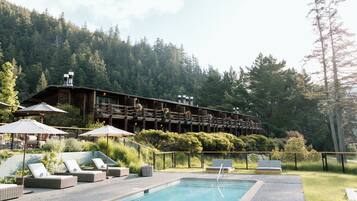 Outdoor pool, pool umbrellas, pool loungers
