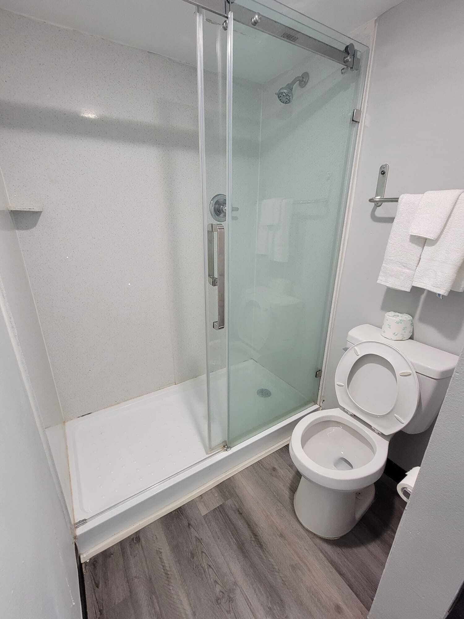 Un bagno moderno con doccia vetrata, un water e un porta asciugamani.