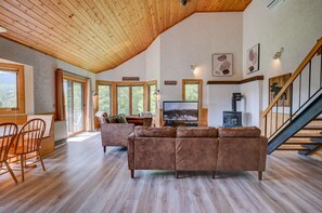 Smart TV, fireplace, foosball