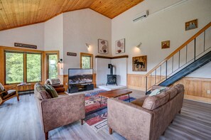 Smart TV, fireplace, foosball