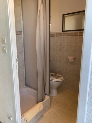 Chuveiro, secador de cabelo, toalhas de banho, papel higiênico