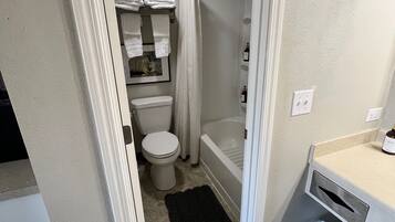 Hair dryer, towels, soap, shampoo