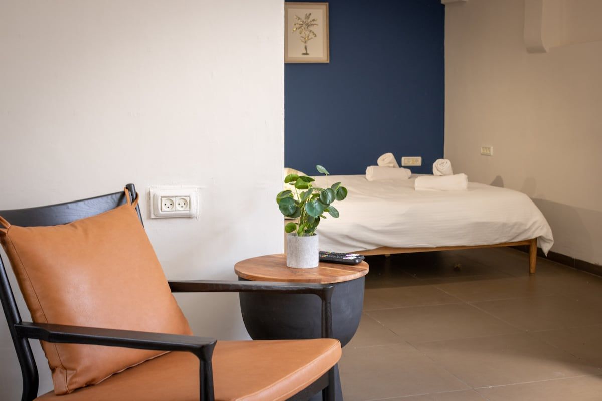 Habitación de hotel con cama, una silla, una mesita con una planta y un enchufe.