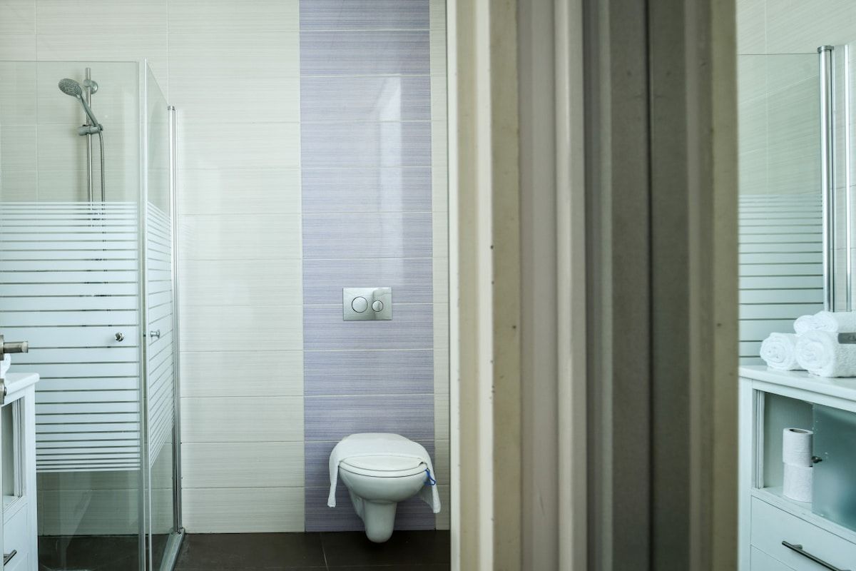Et badeværelse med toilet, bruser og et bruseområde med glasvægge.