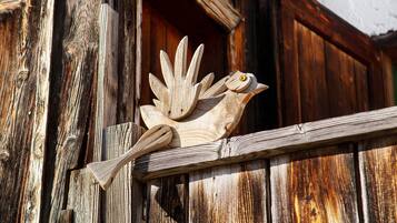 A rustic wooden door with a carved bird figure.