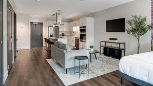 Een modern appartement met een zithoek, kitchenette en een slaapkamer.