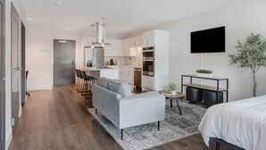 Un apartamento moderno con sala de estar, kitchenette y un dormitorio.