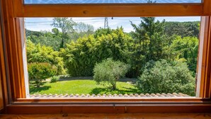 Une fenêtre donnant sur un jardin luxuriant et des arbres.
