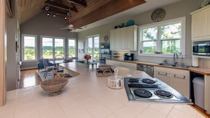 A spacious kitchen with a large island, white cabinets, and a view of the outdoors through large windows. - Tequila Sunset:Amazing Dog Friendly Home;Ocean Views/Private Dock; Minutes to Beach;Elevator/WiFi (Edisto Island)