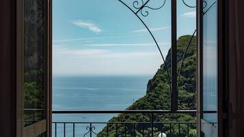 Un balcone con vista su un paesaggio costiero, che include una distesa d'acqua e una collina ricoperta di vegetazione.