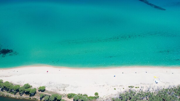 Eine Luftaufnahme eines Strandes mit klarem türkisblauem Wasser, einem Sandstrand und spärlicher Vegetation.