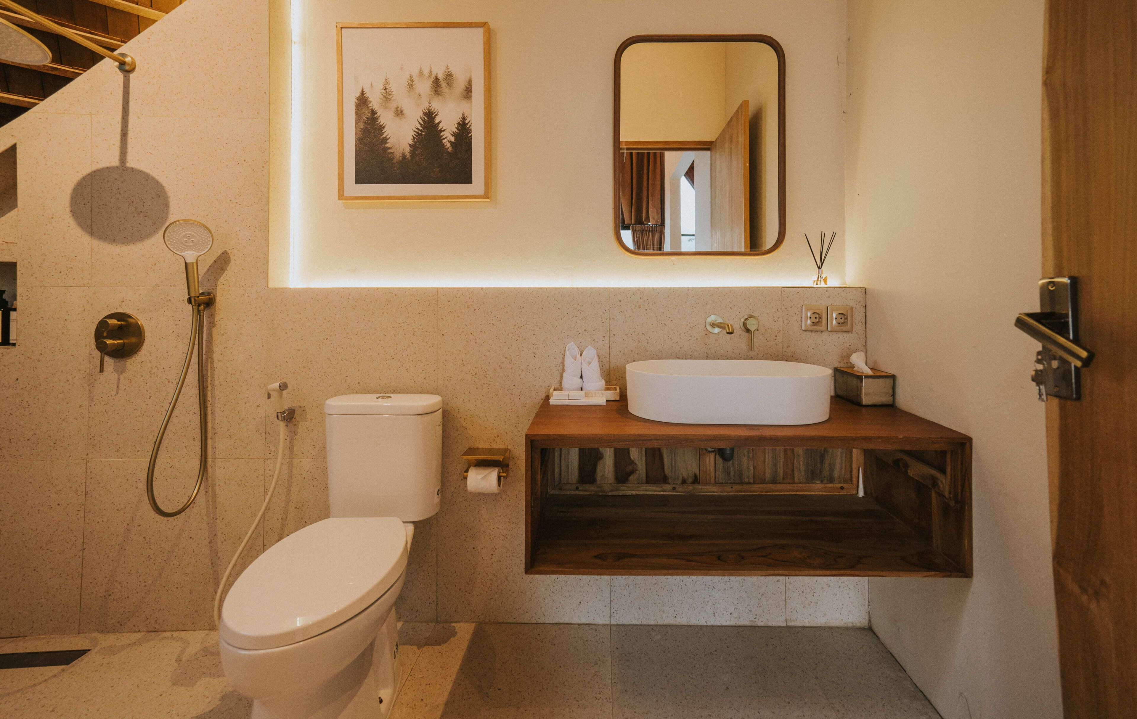 A bathroom with a toilet, bidet, sink, mirror, framed picture, and wooden shelf.