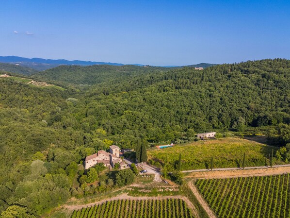 An aerial view of a historic stone building surrounded by lush greenery and vineyards.